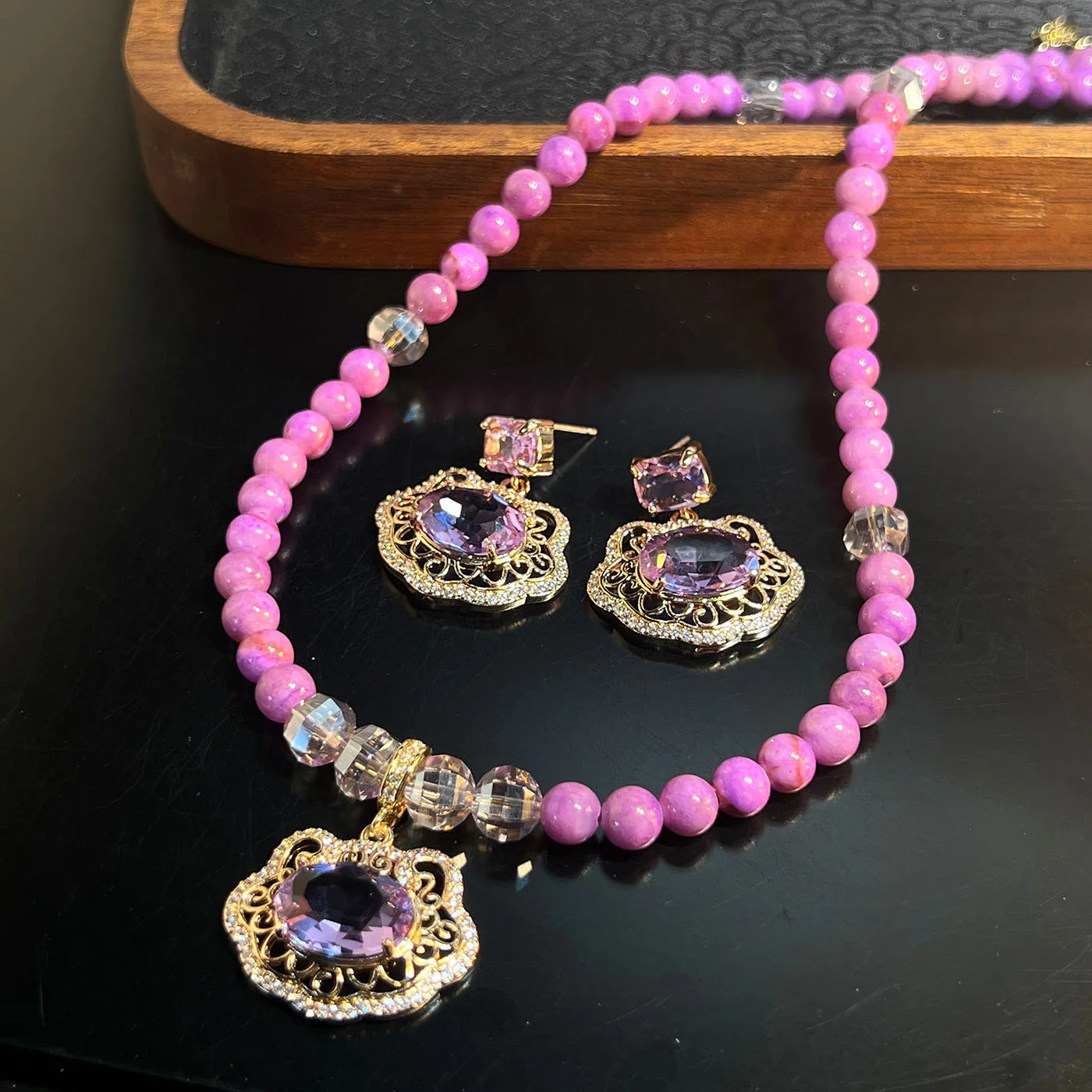 Violet Peace Lock Necklace & Earrings – Chinese New Style - Image 3